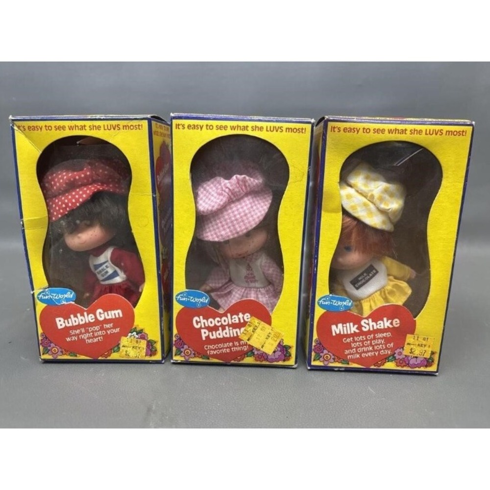 Vintage 3 Fun World Dolls Bubble Gum Choc Pudding Milk Shake w/Boxes 80s